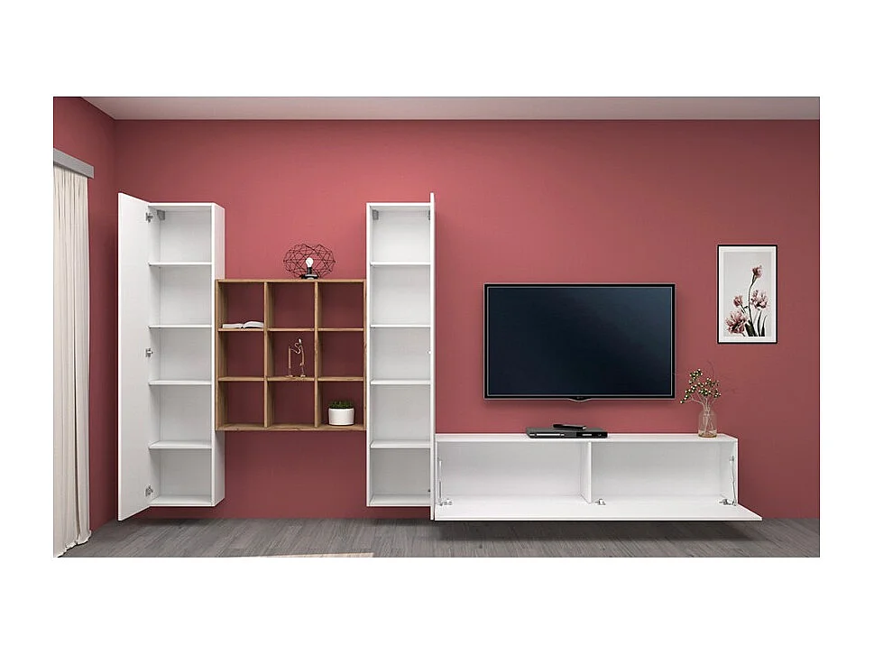 TV-Wohnwand weiß schwebend mit 2 Schränken und Bücherregal Talka WH