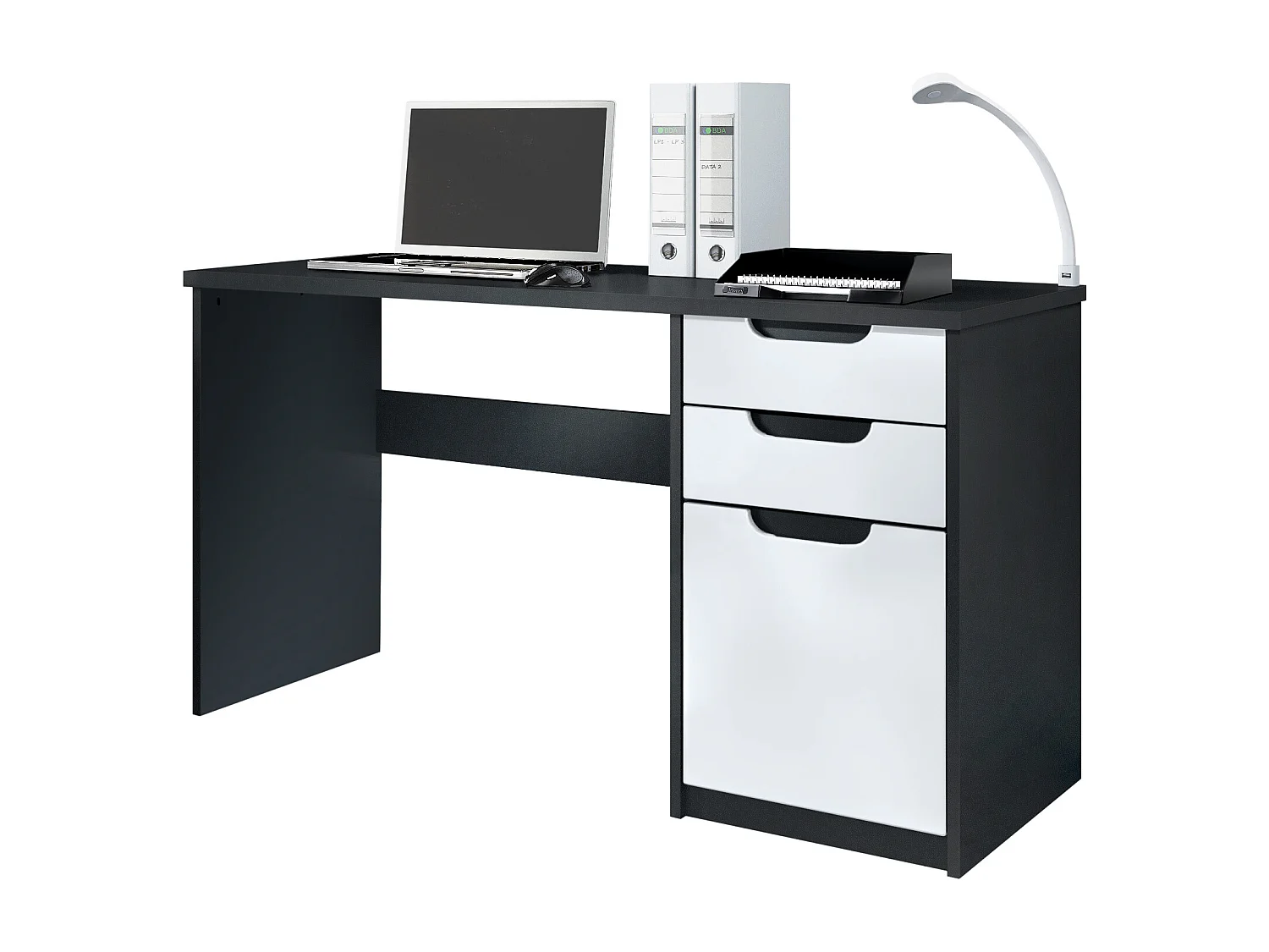 Bureau Logan, Petit bureau avec 2 tiroirs et d’une porte, noir mat/blanc mat (129 x 76 x 60 cm)