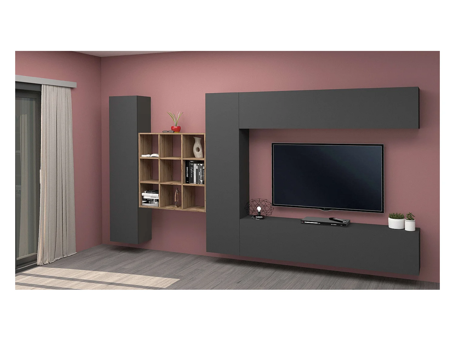 Parete TV attrezzata antracite sospesa design moderno pensile 2 armadi libreria Ferd RT