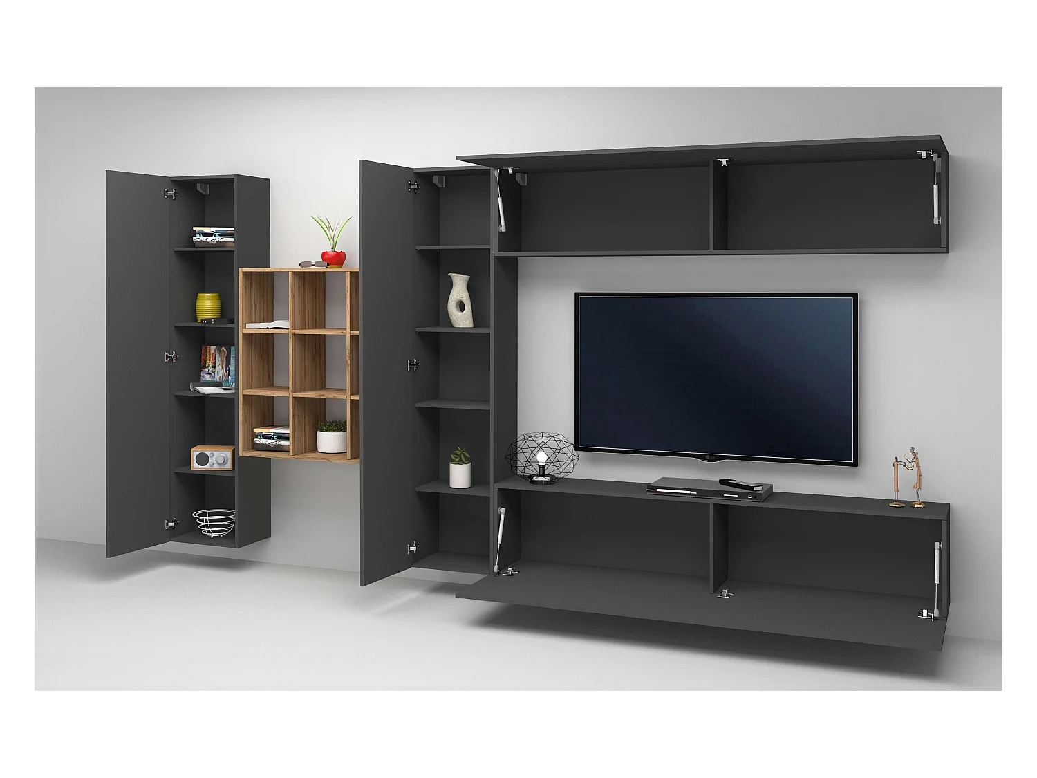 Parete TV attrezzata antracite sospesa design moderno pensile 2 armadi libreria Ferd RT