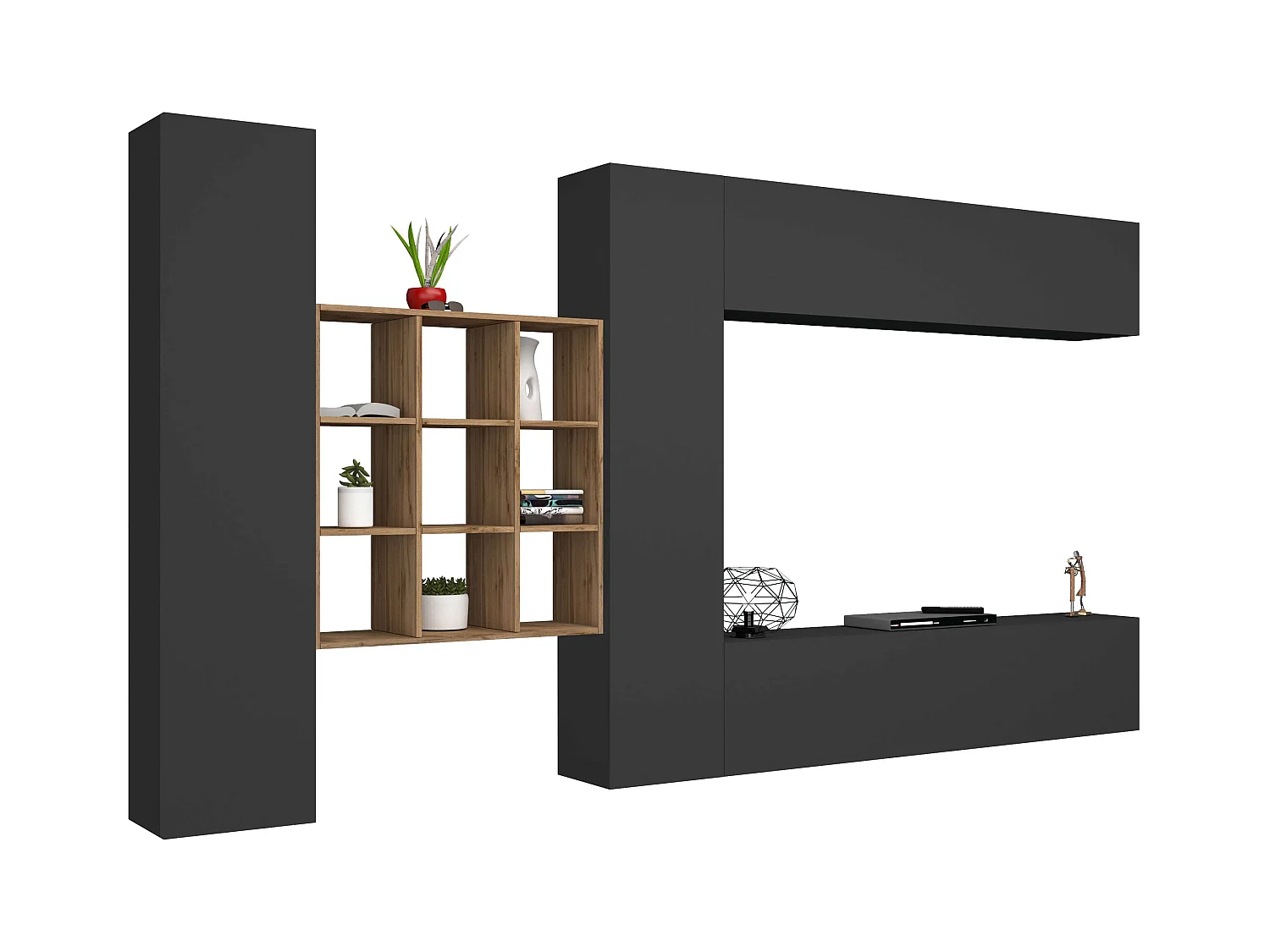 Parete TV attrezzata antracite sospesa design moderno pensile 2 armadi libreria Ferd RT