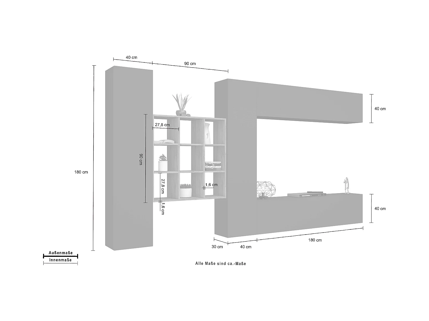 Parete TV attrezzata antracite sospesa design moderno pensile 2 armadi libreria Ferd RT