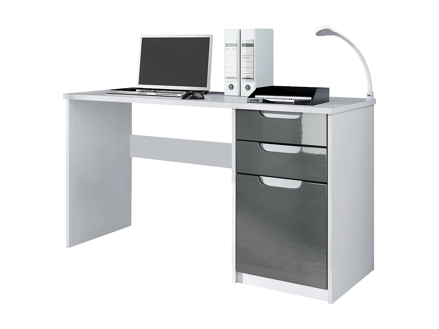 Bureau Logan, Petit bureau avec 2 tiroirs et d’une porte, blanc mat/gris haute brillance (129 x 76 x 60 cm)