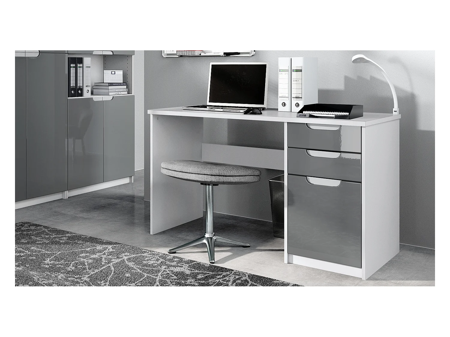 Bureau Logan, Petit bureau avec 2 tiroirs et d’une porte, blanc mat/gris haute brillance (129 x 76 x 60 cm)