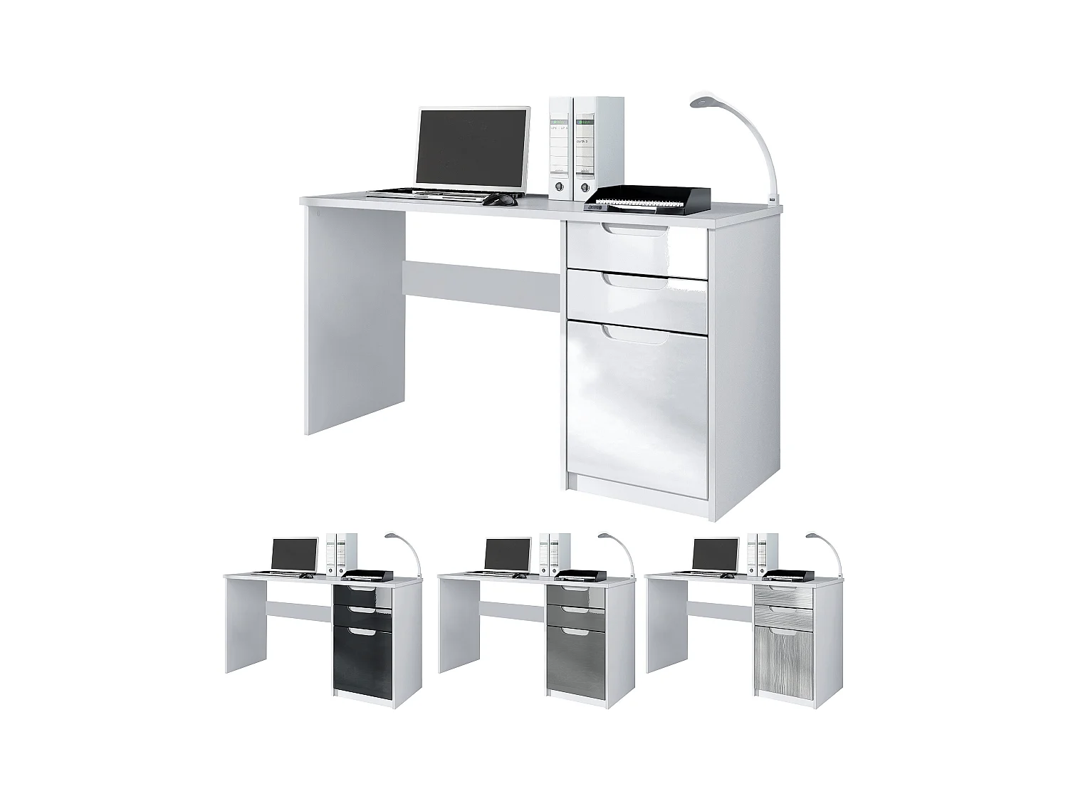 Bureau Logan, Petit bureau avec 2 tiroirs et d’une porte, blanc mat/gris haute brillance (129 x 76 x 60 cm)