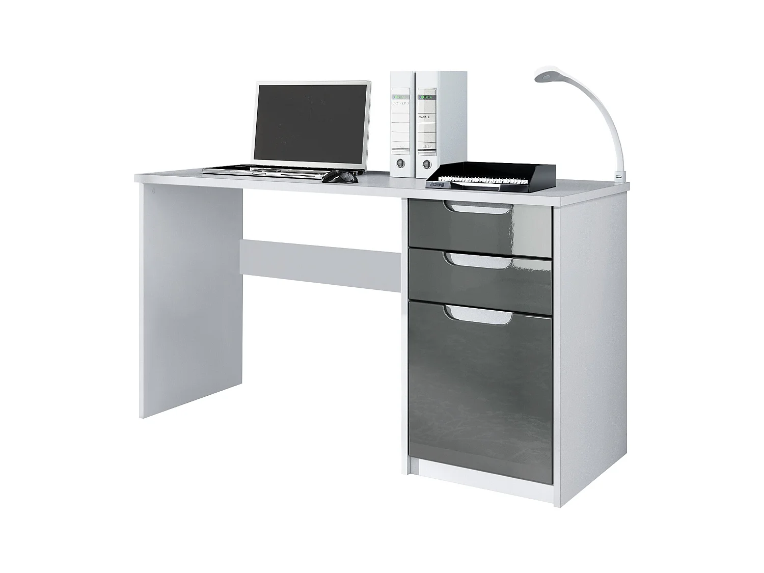 Bureau Logan, Petit bureau avec 2 tiroirs et d’une porte, blanc mat/gris haute brillance (129 x 76 x 60 cm)