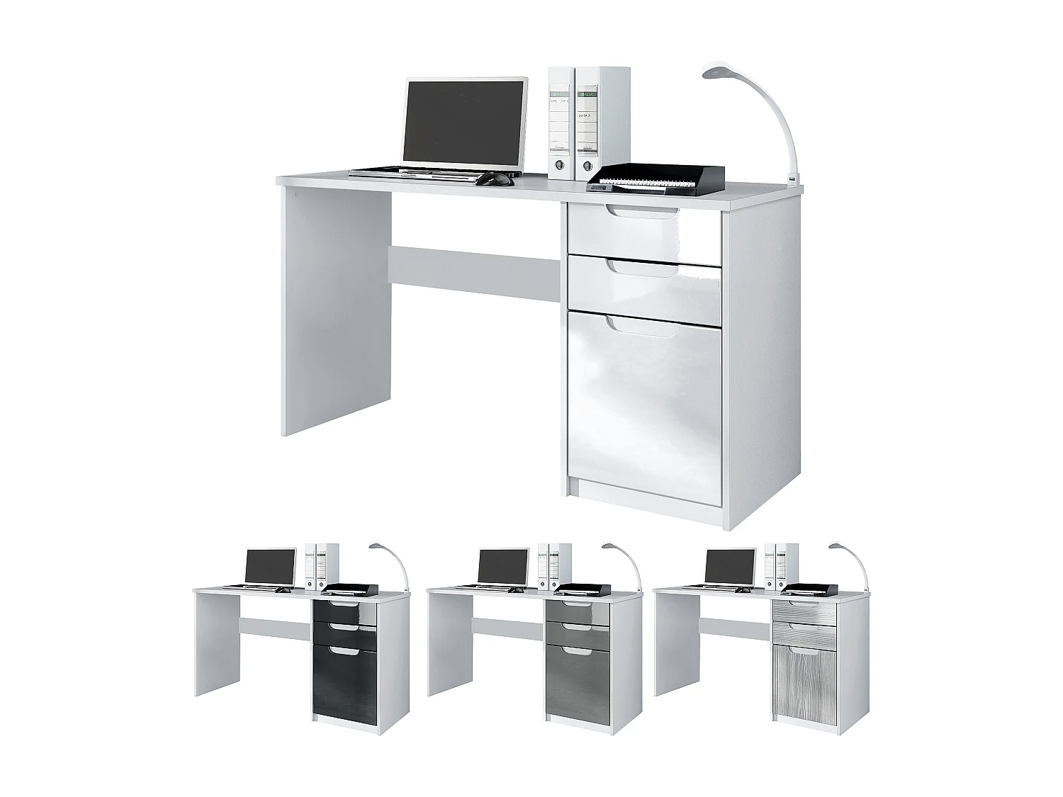 Logan Desk, scrivania per ufficio con 2 cassetti e 1 anta, bianco opaco/grigio lucido (129 x 76 x 60 cm)