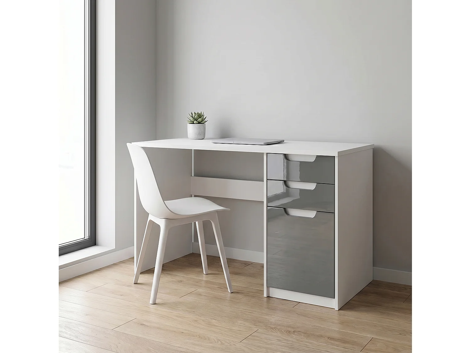 Escritorio Logan, Mesa Oficina con 2 Cajones y 1 Puerta, blanco mate/gris de alto brillo (129 x 76 x 60 cm)