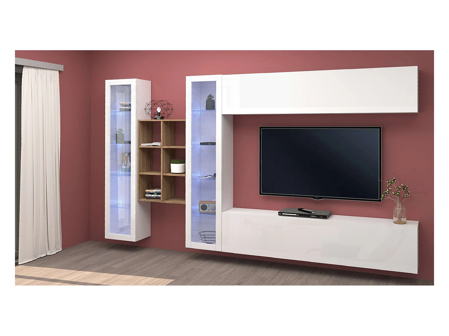 Parete attrezzata bianca pensile mobile TV sospeso libreria 2 vetrine Kary WH