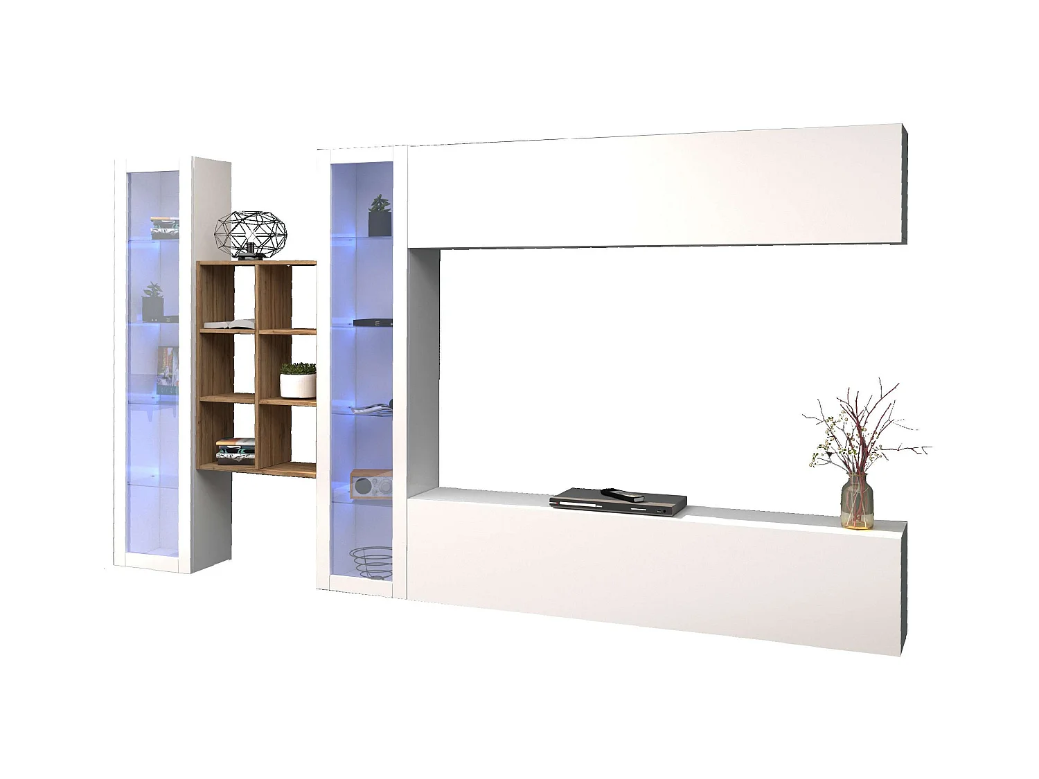 Parete attrezzata bianca pensile mobile TV sospeso libreria 2 vetrine Kary WH