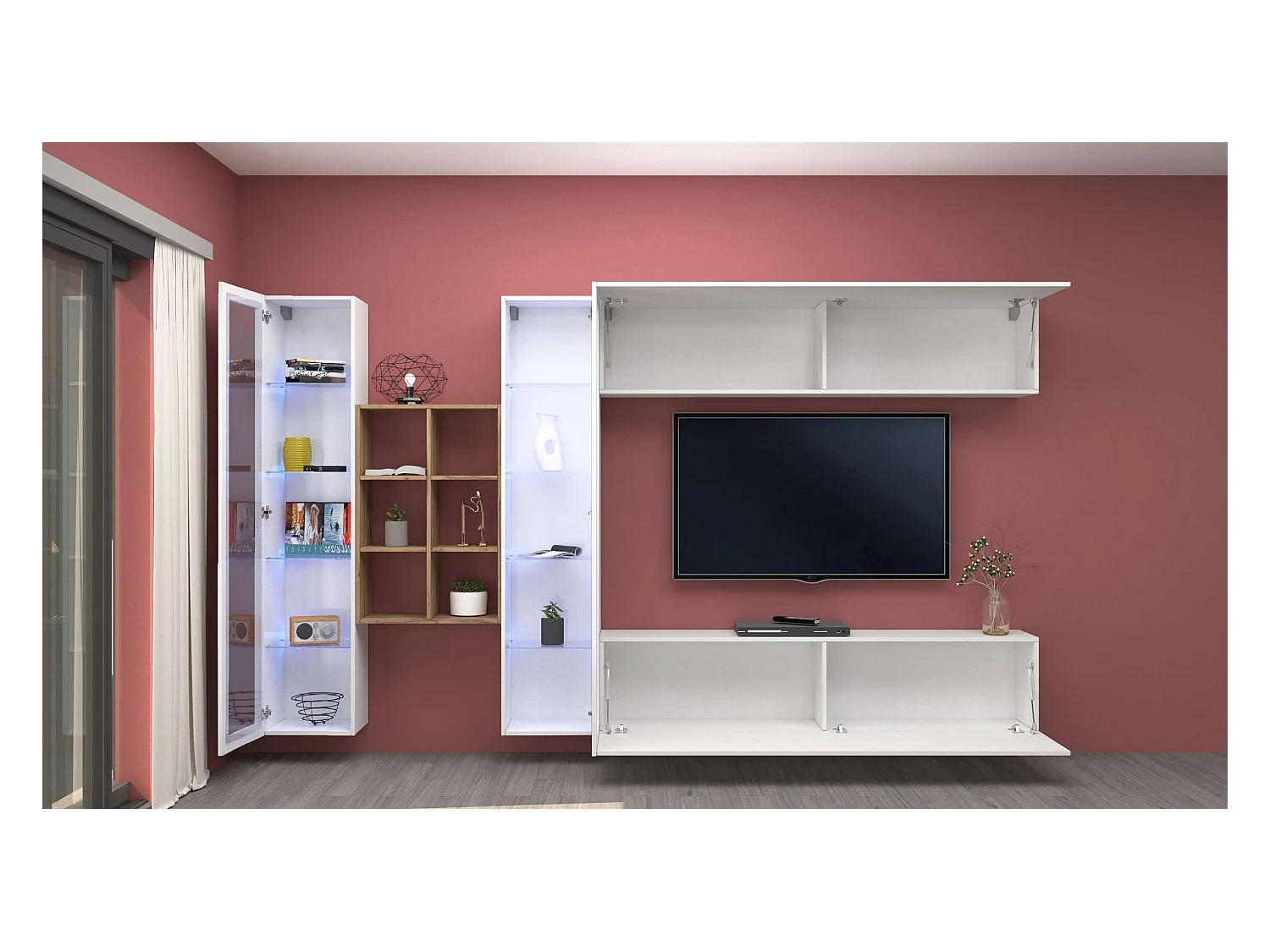 Parete attrezzata bianca pensile mobile TV sospeso libreria 2 vetrine Kary WH