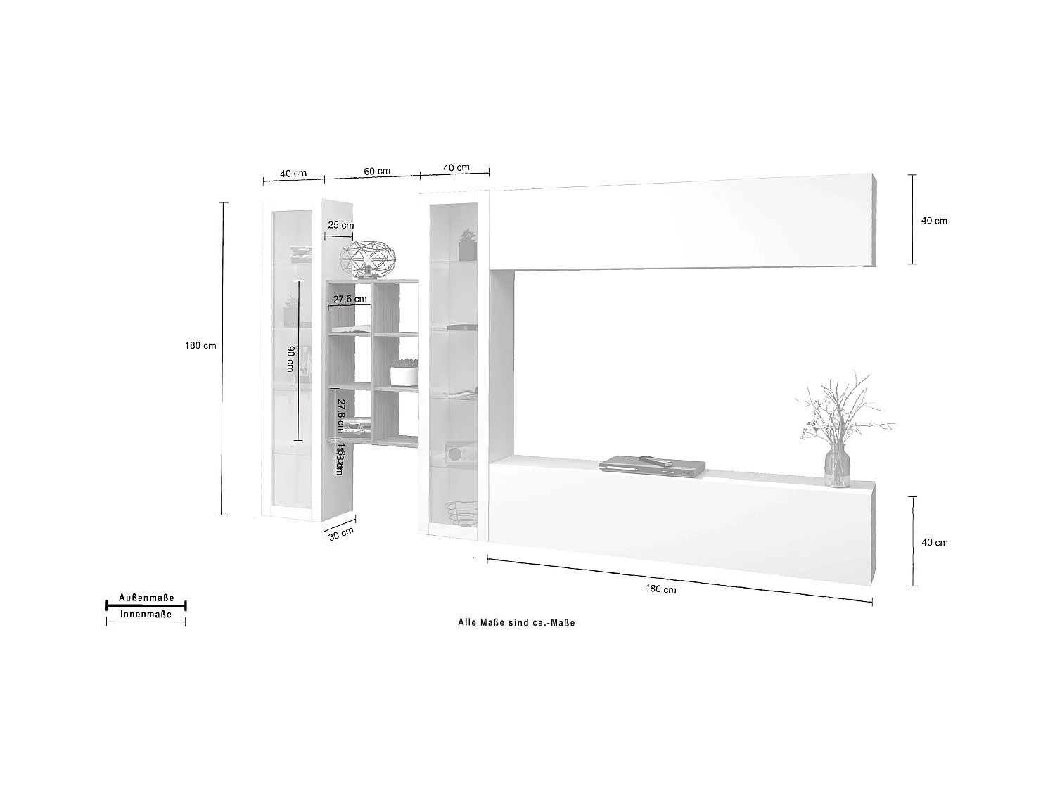Parete attrezzata bianca pensile mobile TV sospeso libreria 2 vetrine Kary WH