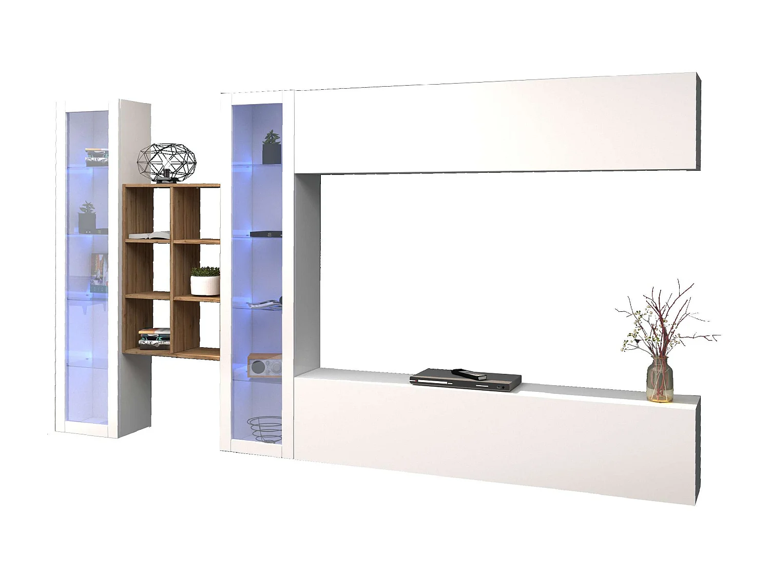 Meuble TV mural suspendu blanc bibliothèque 2 vitrines Kary WH