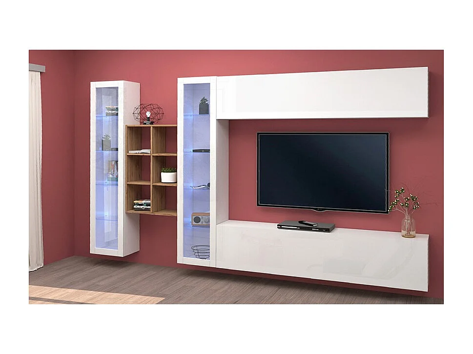 Meuble TV mural suspendu blanc bibliothèque 2 vitrines Kary WH