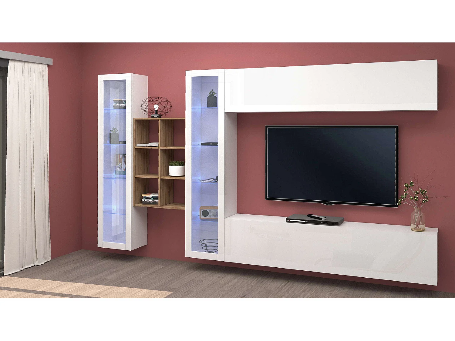 Mueble de pared blanco colgante mueble TV librería 2 vitrinas Kary WH