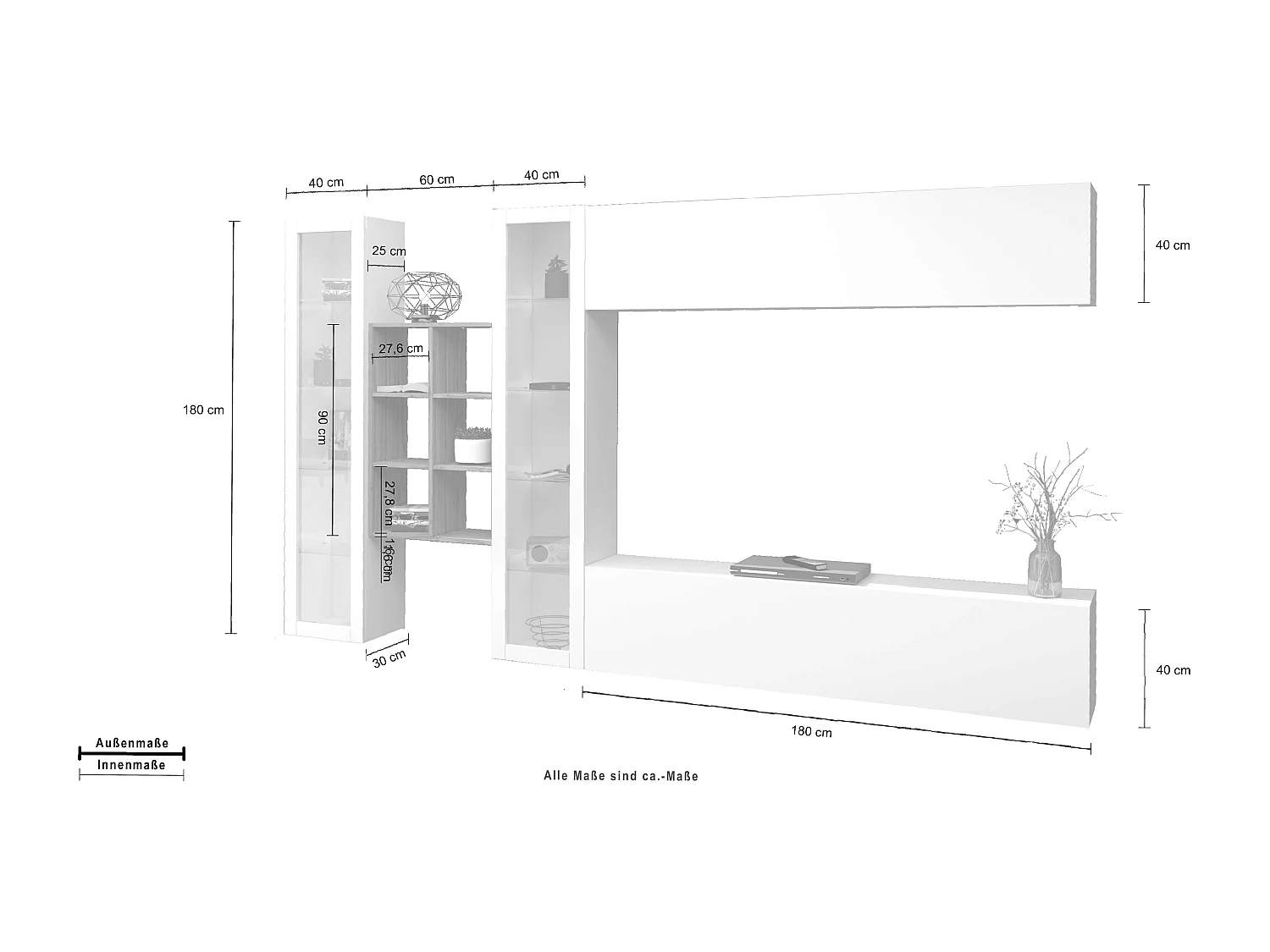 Mueble de pared blanco colgante mueble TV librería 2 vitrinas Kary WH