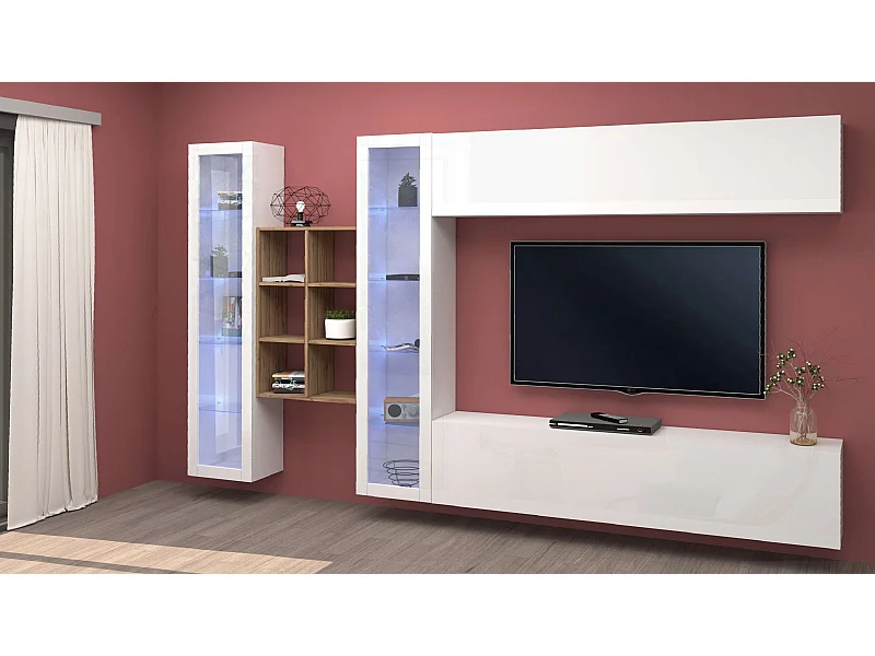 Mueble de pared blanco colgante mueble TV librería 2 vitrinas Kary WH