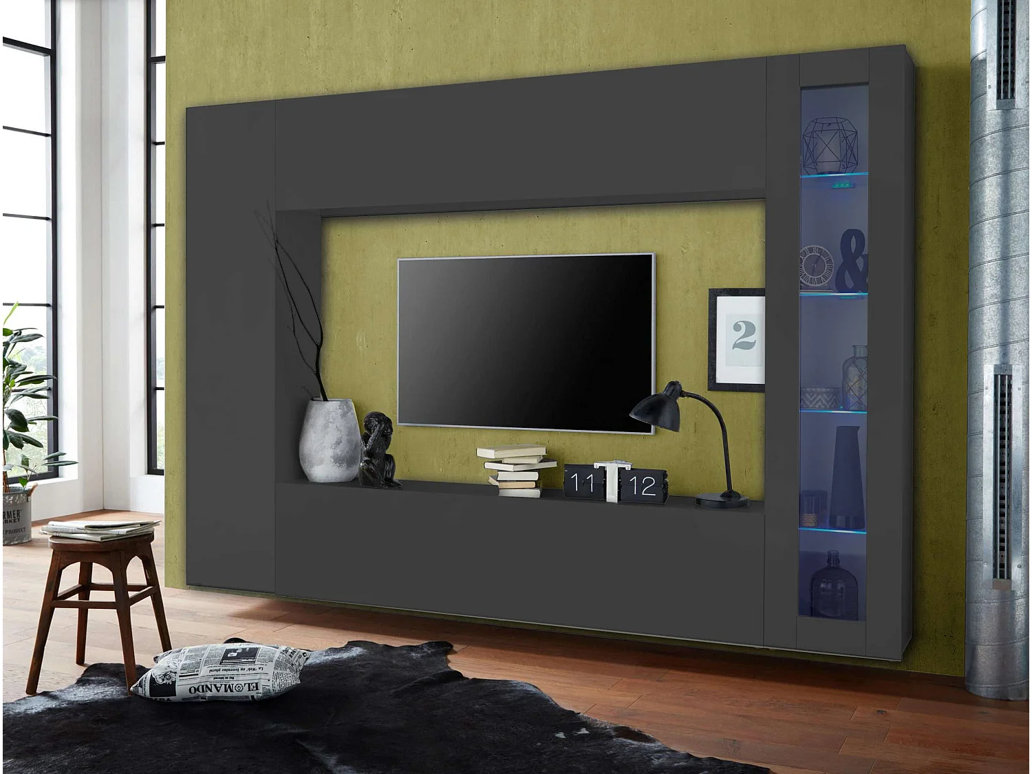 Parete attrezzata moderna porta TV vetrina pensile armadio Note Ledge antracite