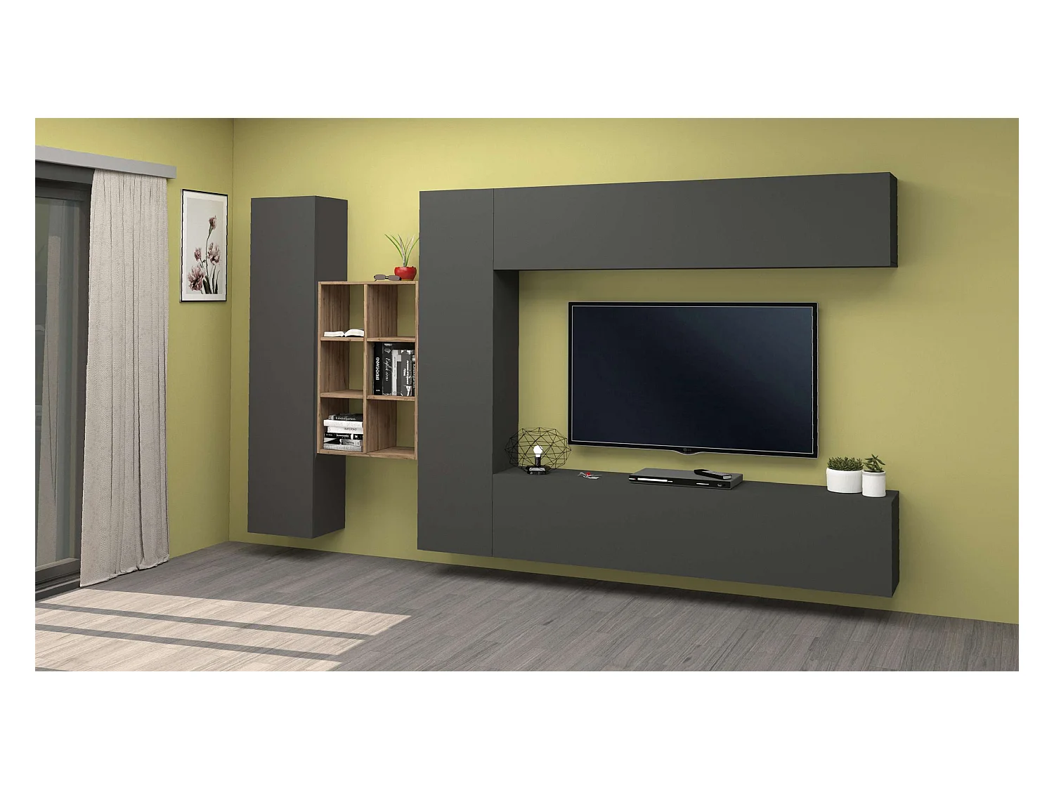 Mueble suspendido gris con mueble TV librería 2 armarios Sid RT