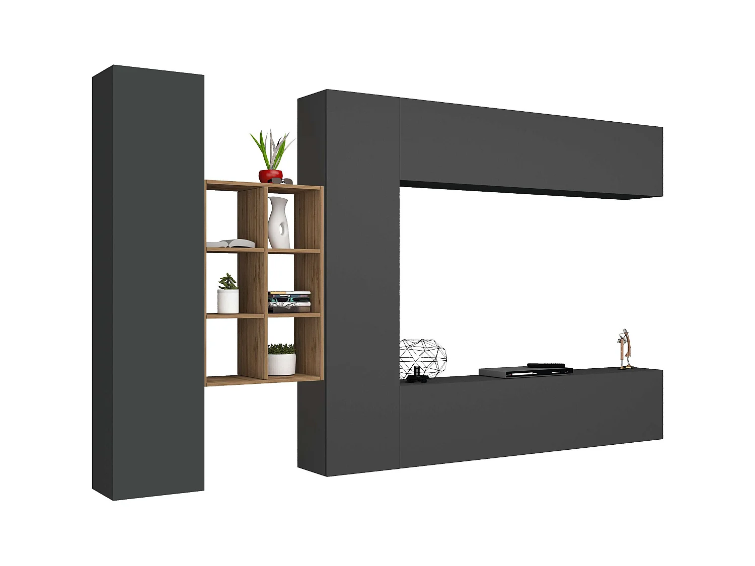 Mueble suspendido gris con mueble TV librería 2 armarios Sid RT