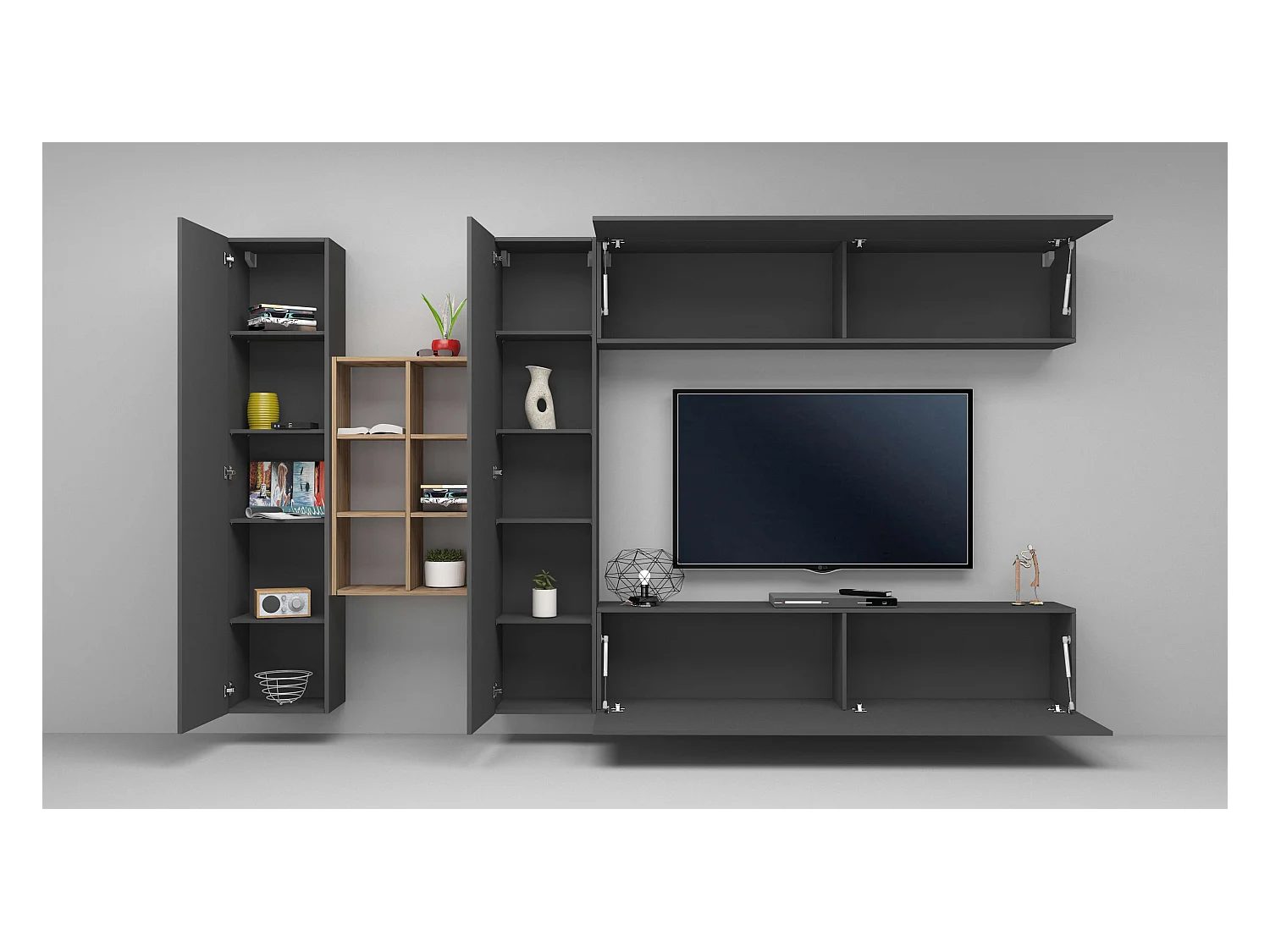 Mueble suspendido gris con mueble TV librería 2 armarios Sid RT