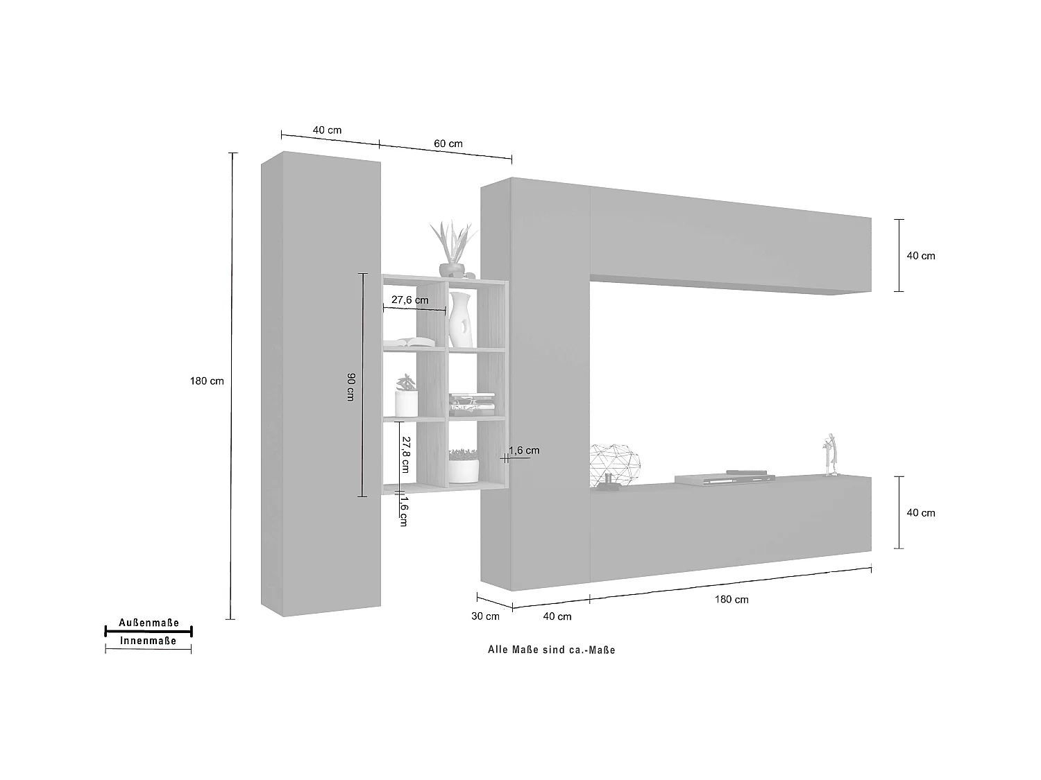 Mueble suspendido gris con mueble TV librería 2 armarios Sid RT