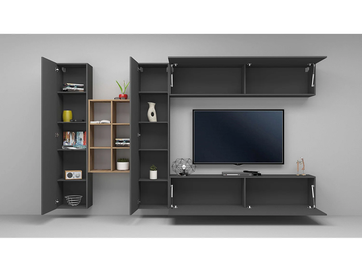 Mueble suspendido gris con mueble TV librería 2 armarios Sid RT