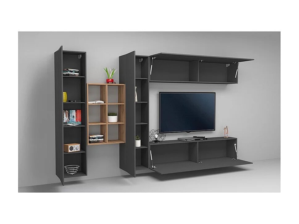 Mueble suspendido gris con mueble TV librería 2 armarios Sid RT