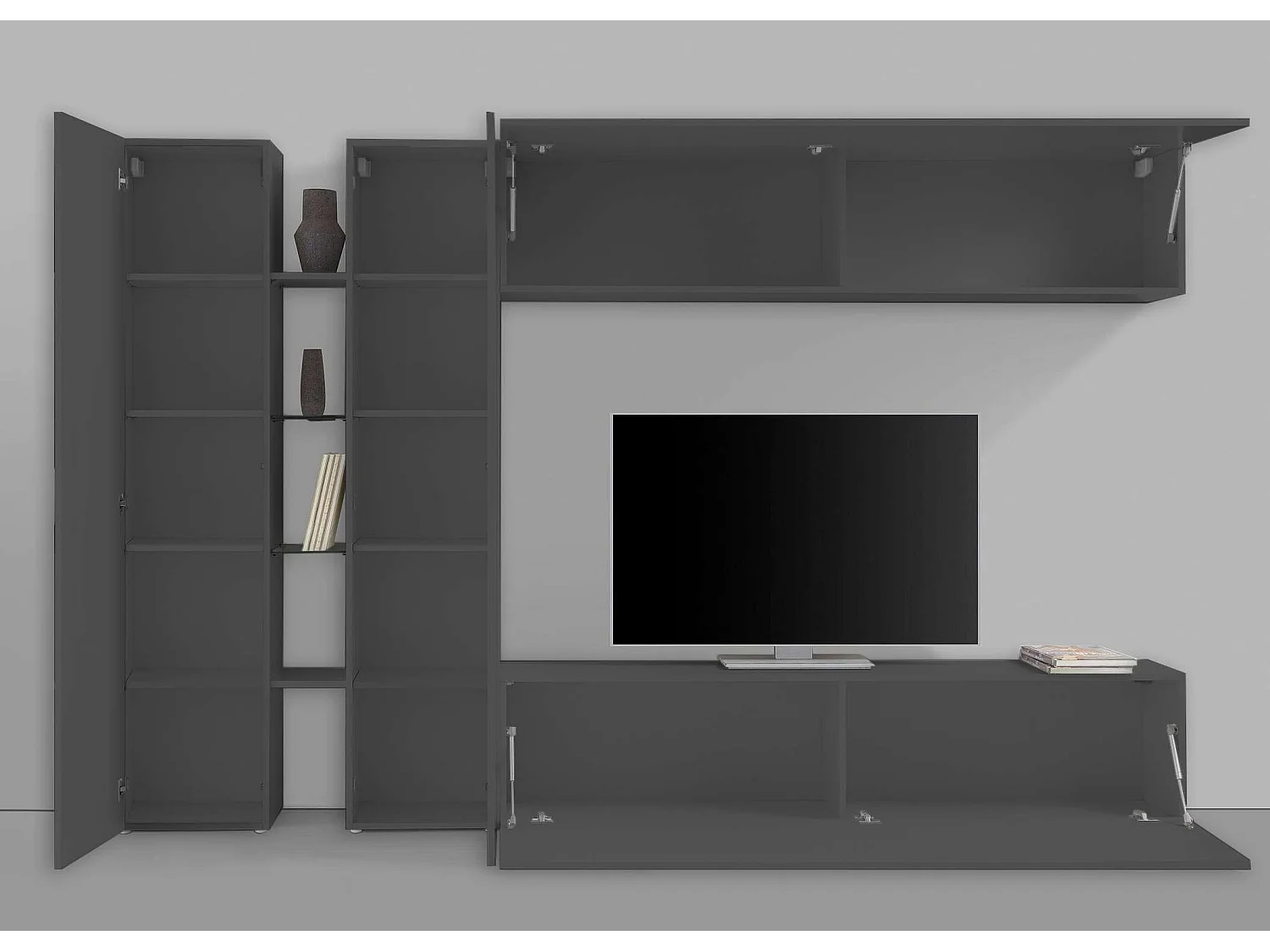 Moderne schwarze Wohnwand TV-Möbel mit 2 Schränken und 4 Regalen Note Twin
