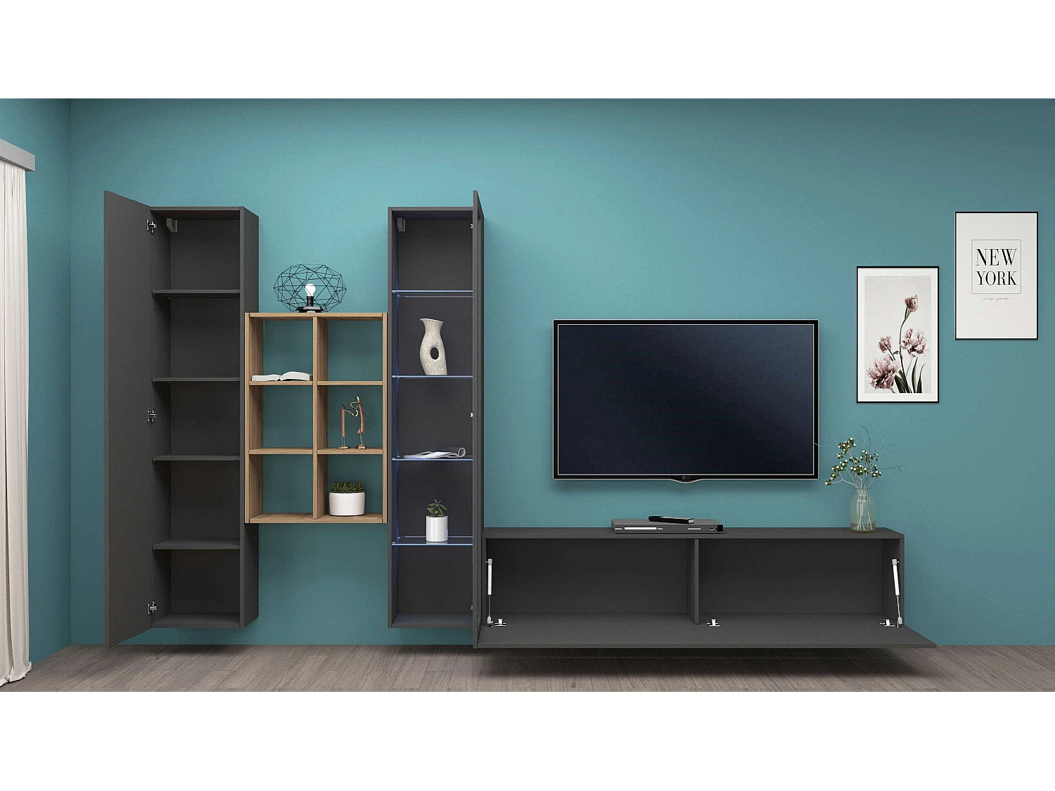 Parete attrezzata antracite moderna vetrina mobile TV libreria legno Rold RT