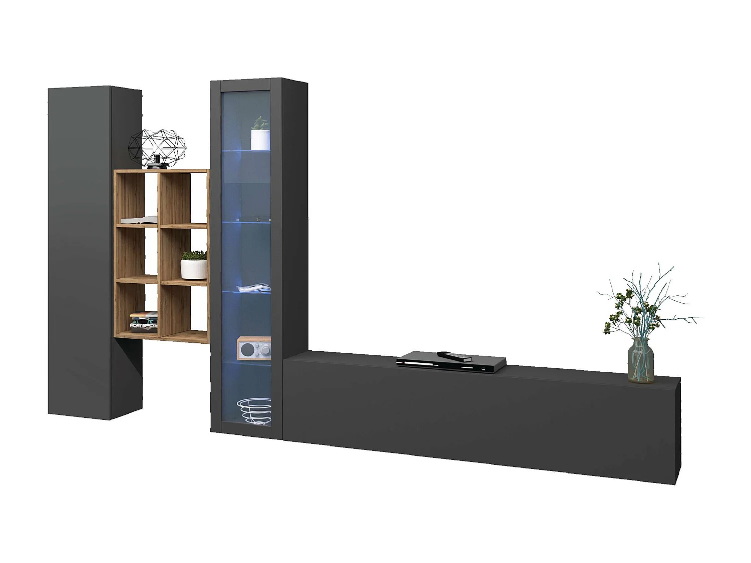 Parete attrezzata antracite moderna vetrina mobile TV libreria legno Rold RT