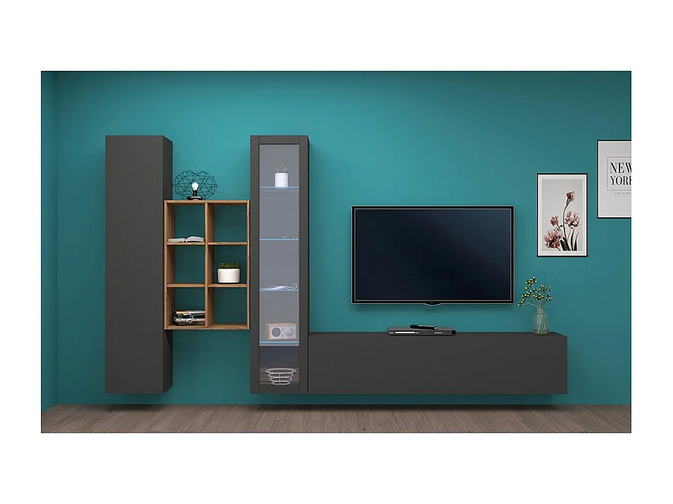 Parete attrezzata antracite moderna vetrina mobile TV libreria legno Rold RT