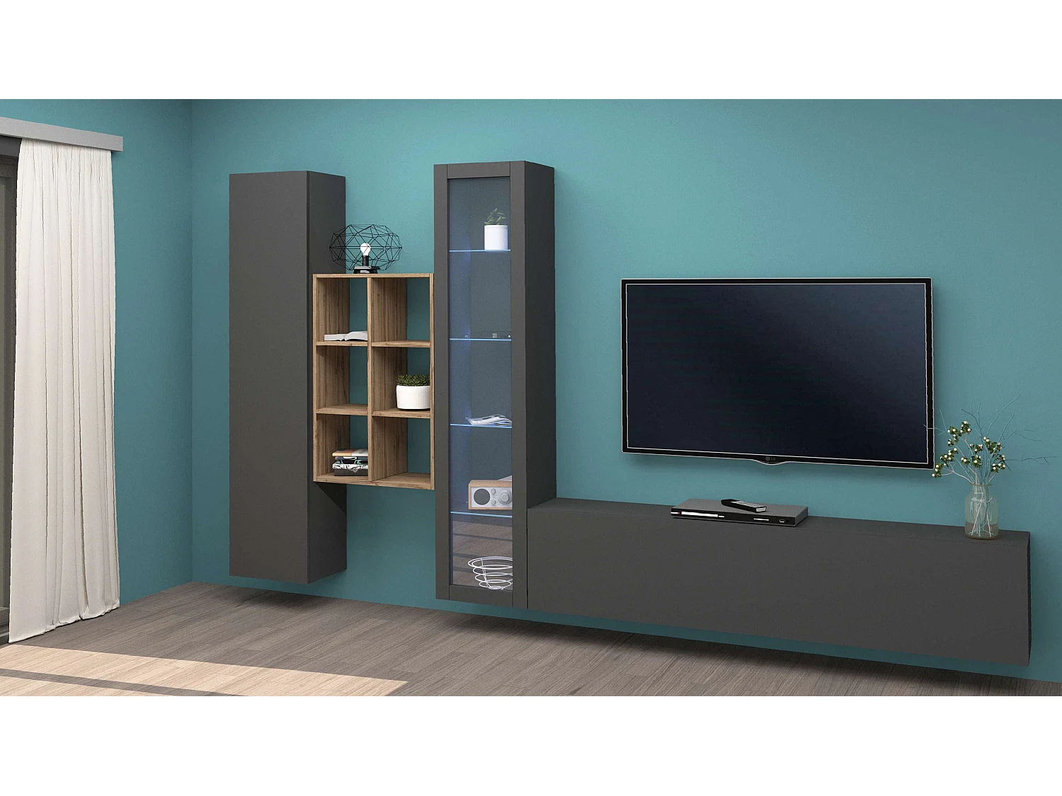 Mueble TV moderno pared vitrina librería madera Rold RT