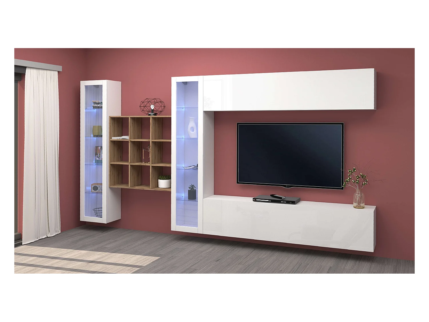 Parete attrezzata TV pensile bianco 2 vetrine libreria 9 ripiani Eron WH