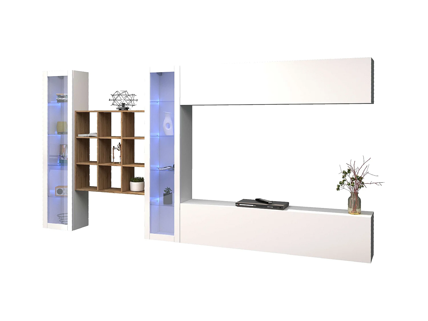 Parete attrezzata TV pensile bianco 2 vetrine libreria 9 ripiani Eron WH