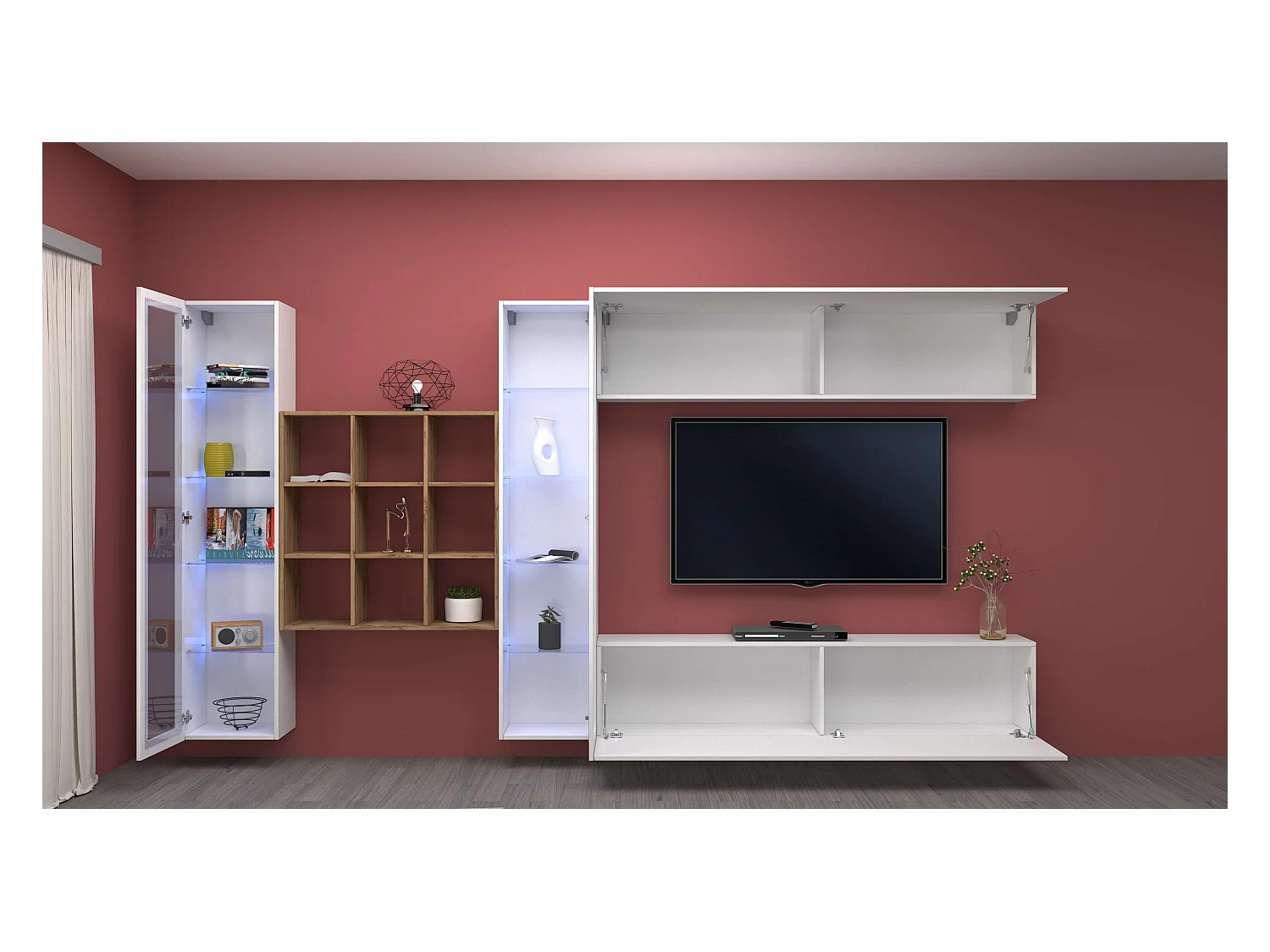 Parete attrezzata TV pensile bianco 2 vetrine libreria 9 ripiani Eron WH