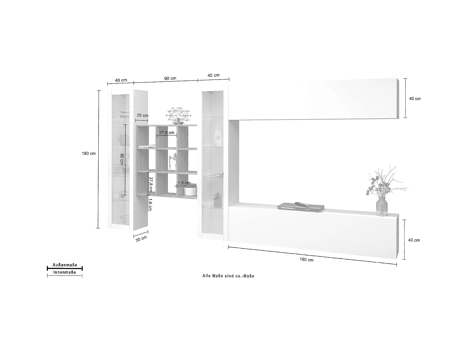 Parete attrezzata TV pensile bianco 2 vetrine libreria 9 ripiani Eron WH