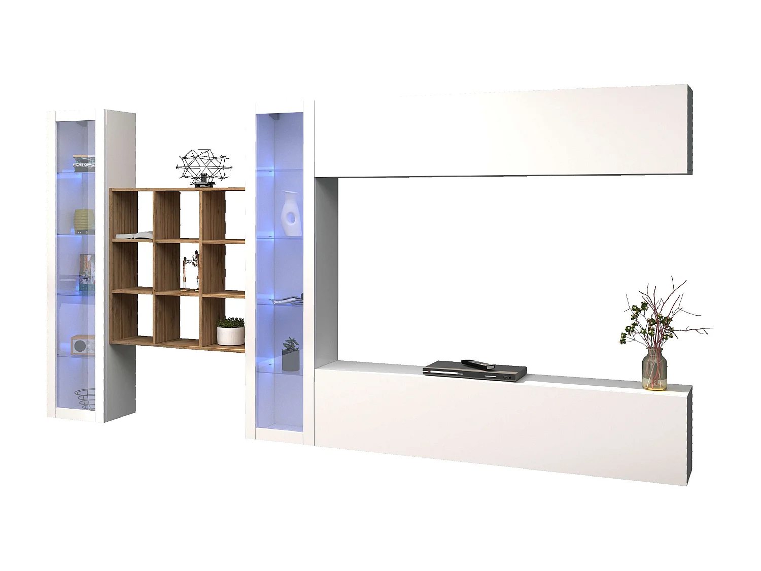 Meuble TV mural Eron WH avec 2 vitrines et 9 étagères