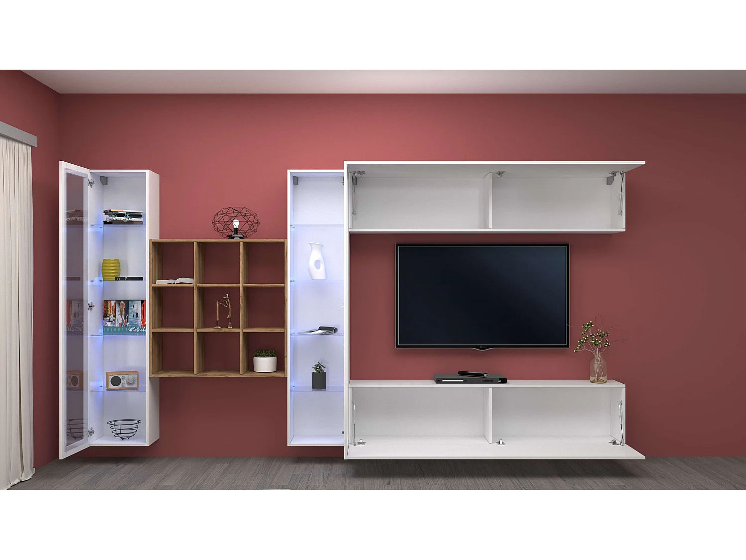Meuble TV mural Eron WH avec 2 vitrines et 9 étagères