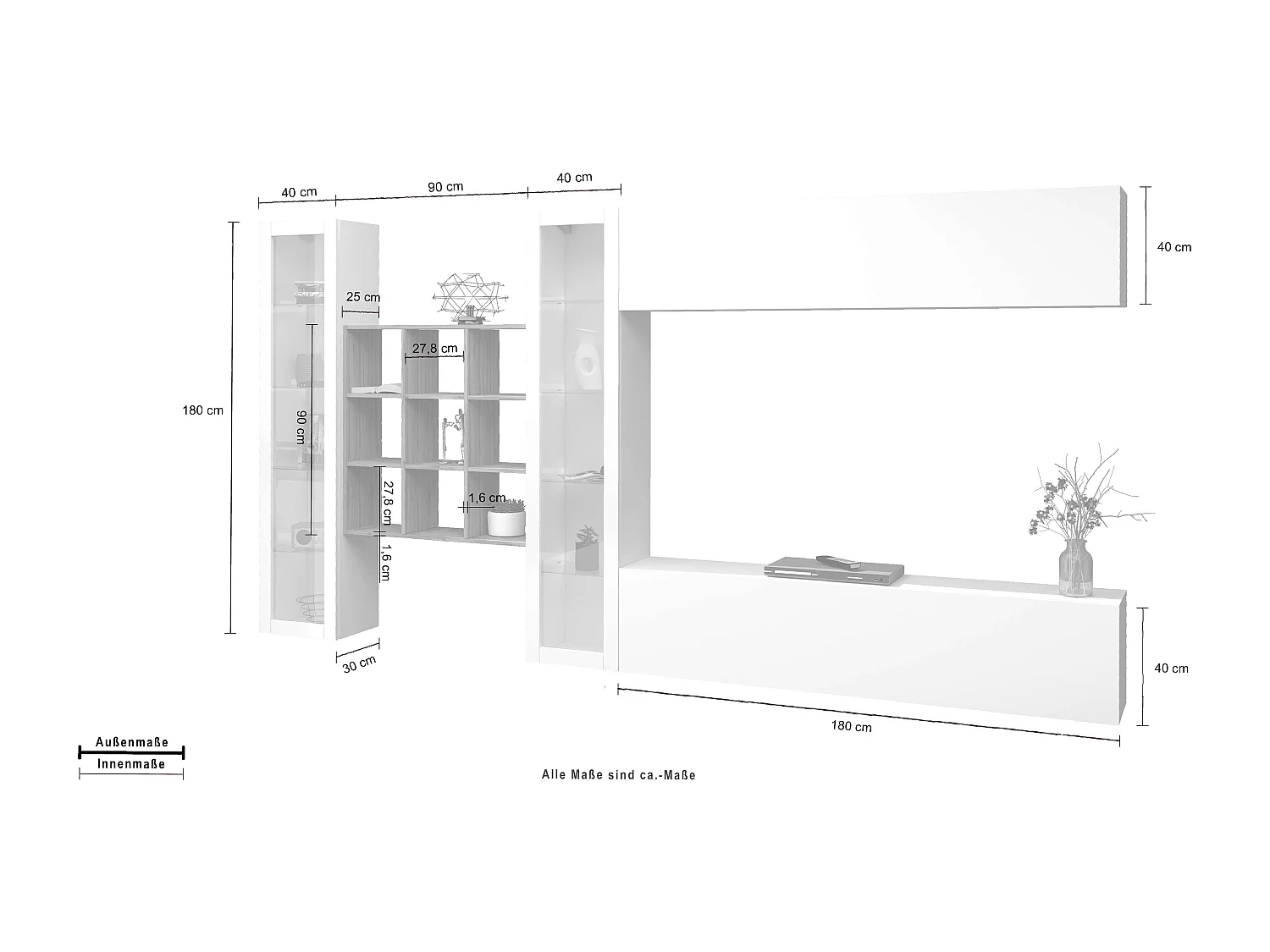 Meuble TV mural Eron WH avec 2 vitrines et 9 étagères