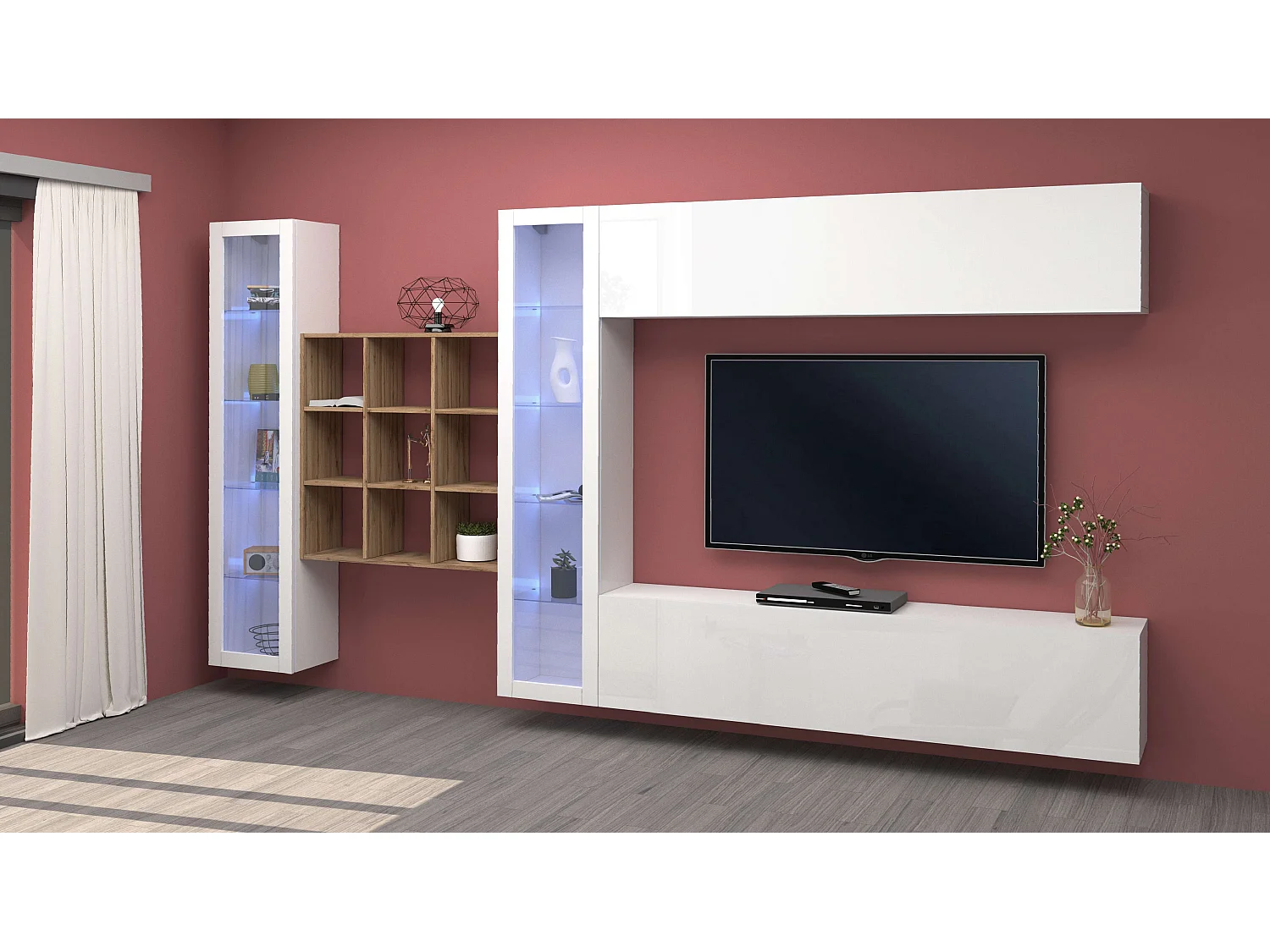 Meuble TV mural Eron WH avec 2 vitrines et 9 étagères
