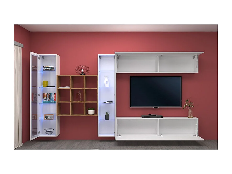 Meuble TV mural Eron WH avec 2 vitrines et 9 étagères