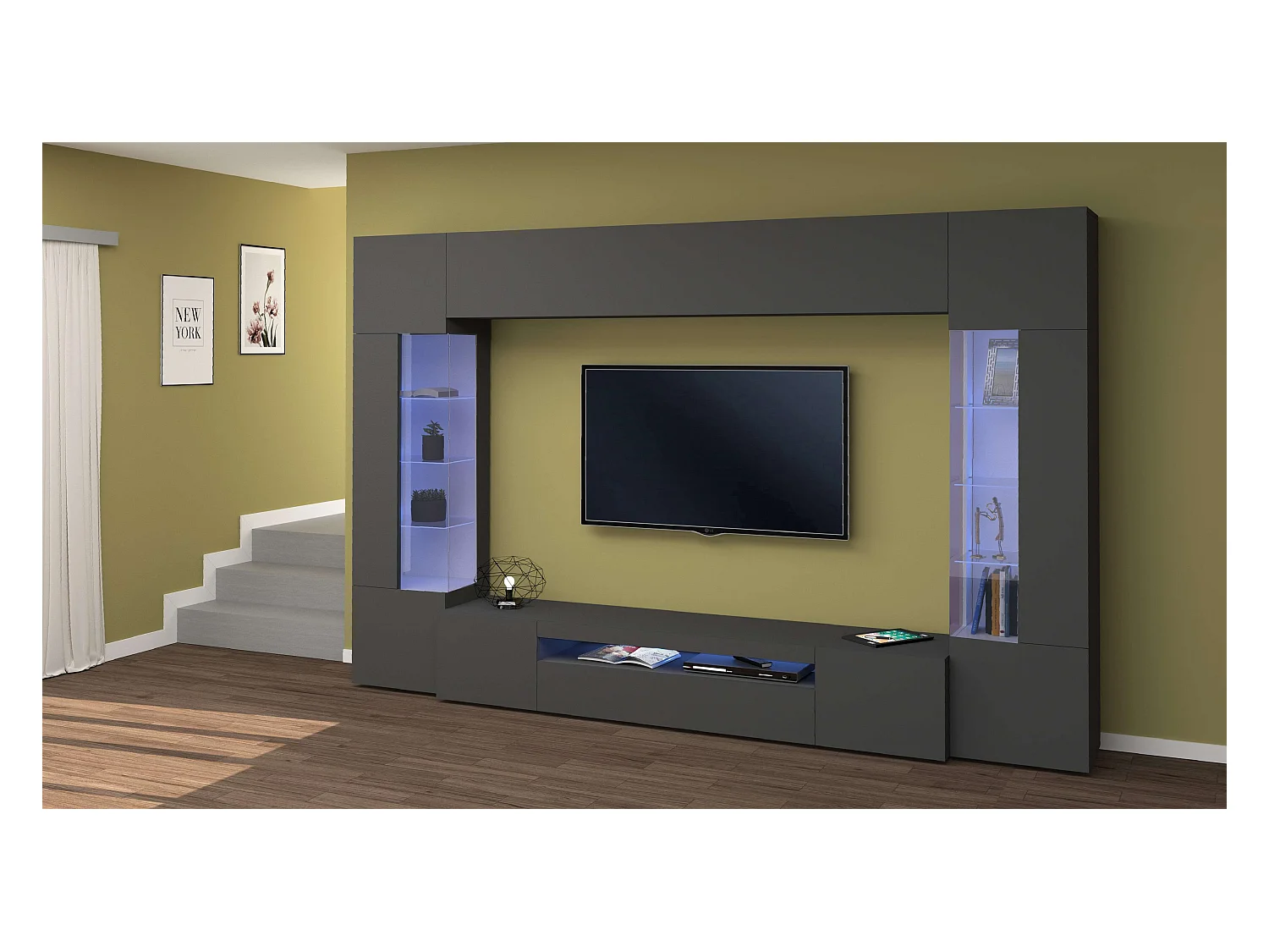 Parete attrezzata antracite moderna porta TV pensile sospeso 2 vetrine Sultan RT