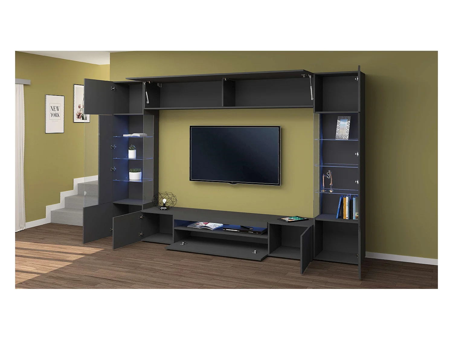 Parete attrezzata antracite moderna porta TV pensile sospeso 2 vetrine Sultan RT