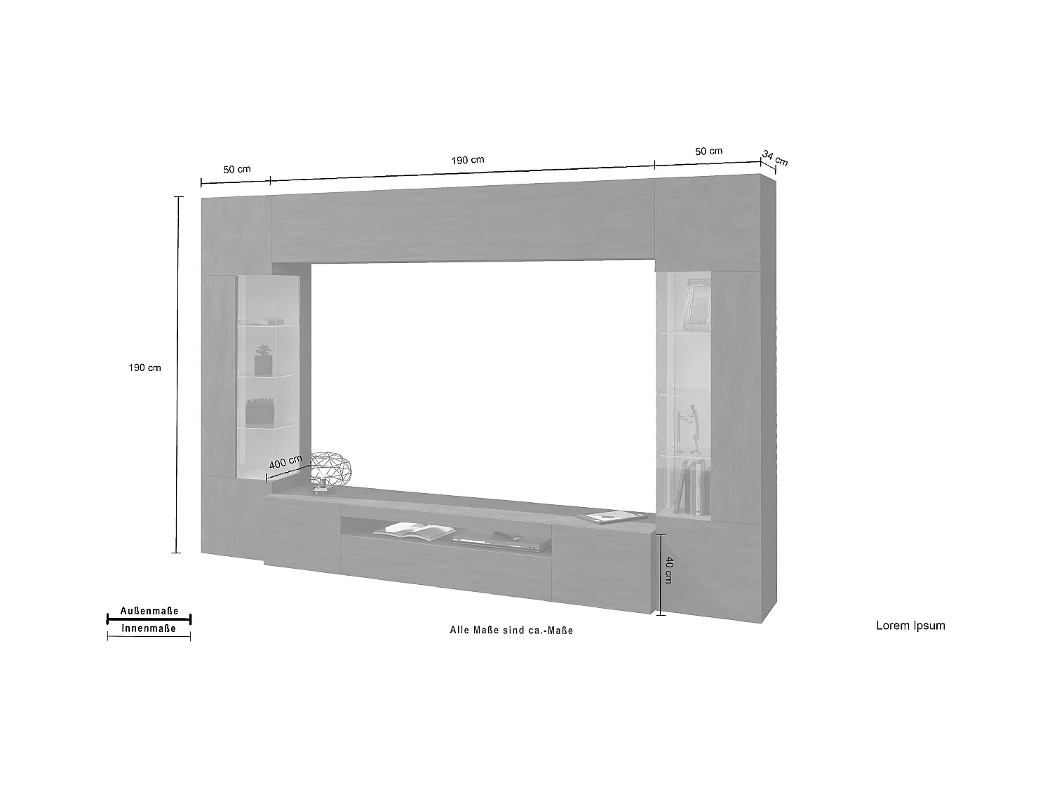 Parete attrezzata antracite moderna porta TV pensile sospeso 2 vetrine Sultan RT