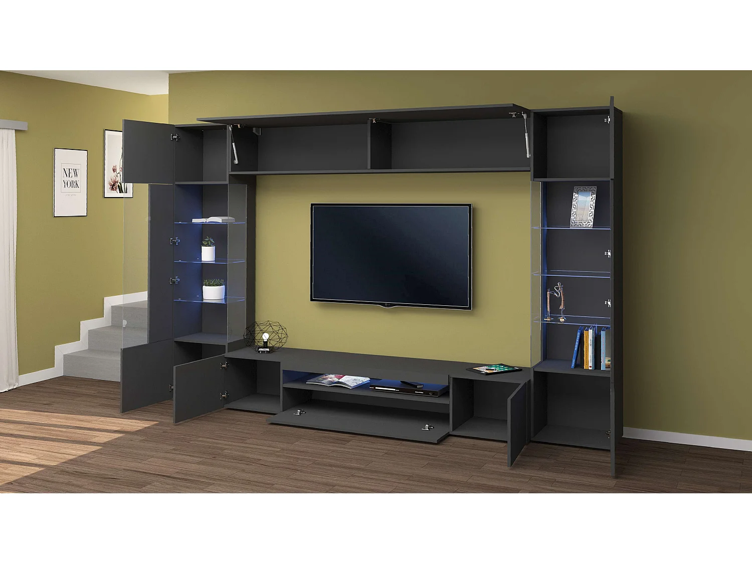 Meuble mural moderne anthracite Sultan RT avec 2 vitrines.