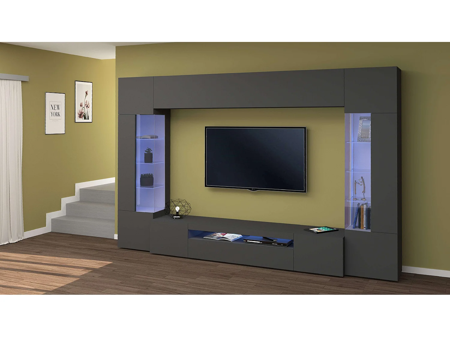 Meuble mural moderne anthracite Sultan RT avec 2 vitrines.