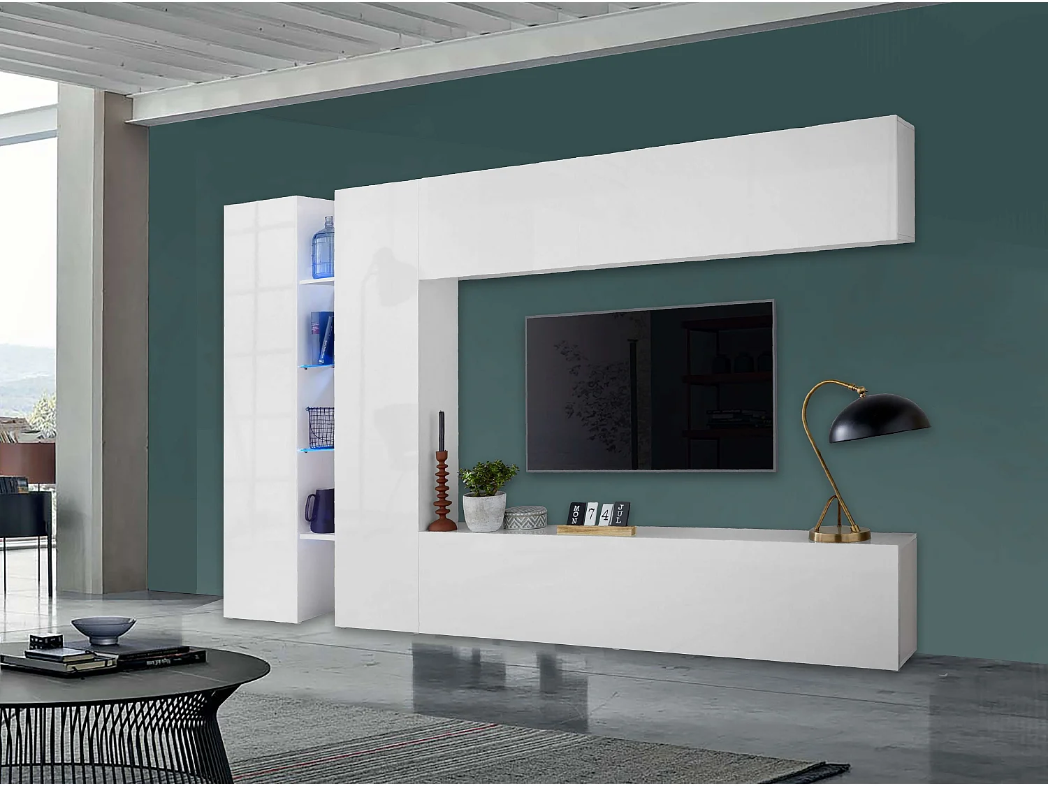 Joy Twin : Meuble TV mural blanc au design moderne avec deux placards