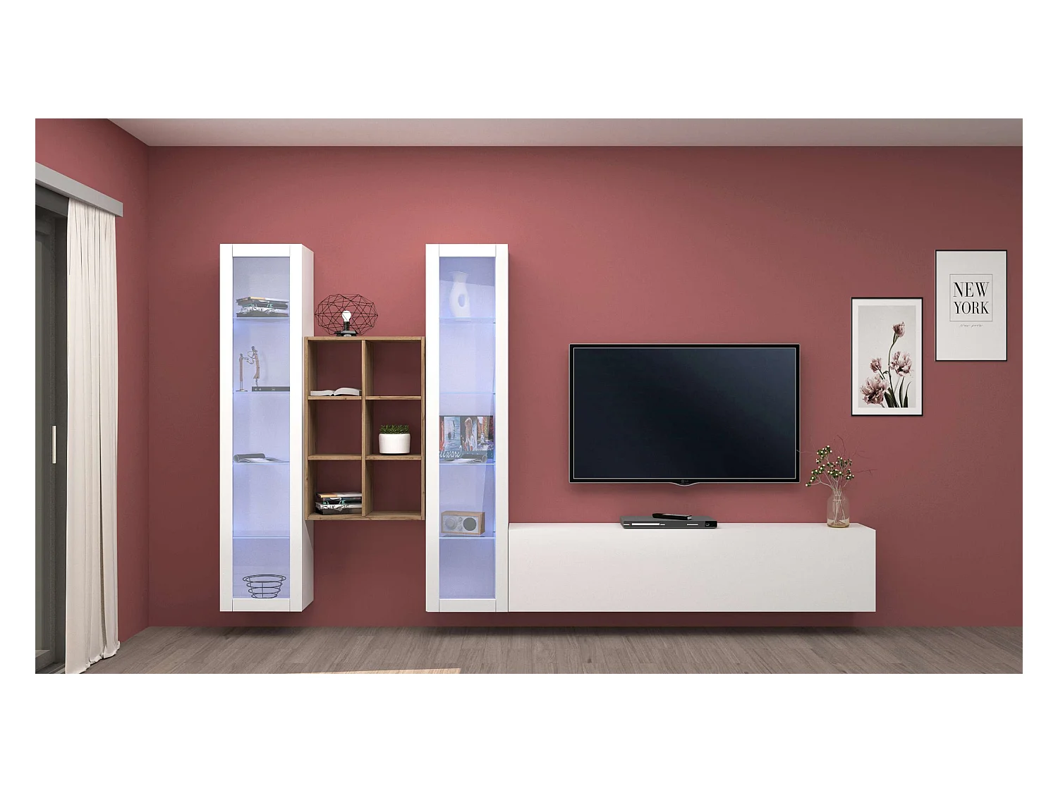 Parete attrezzata mobile TV bianco sospeso 2 vetrine libreria Yves WH