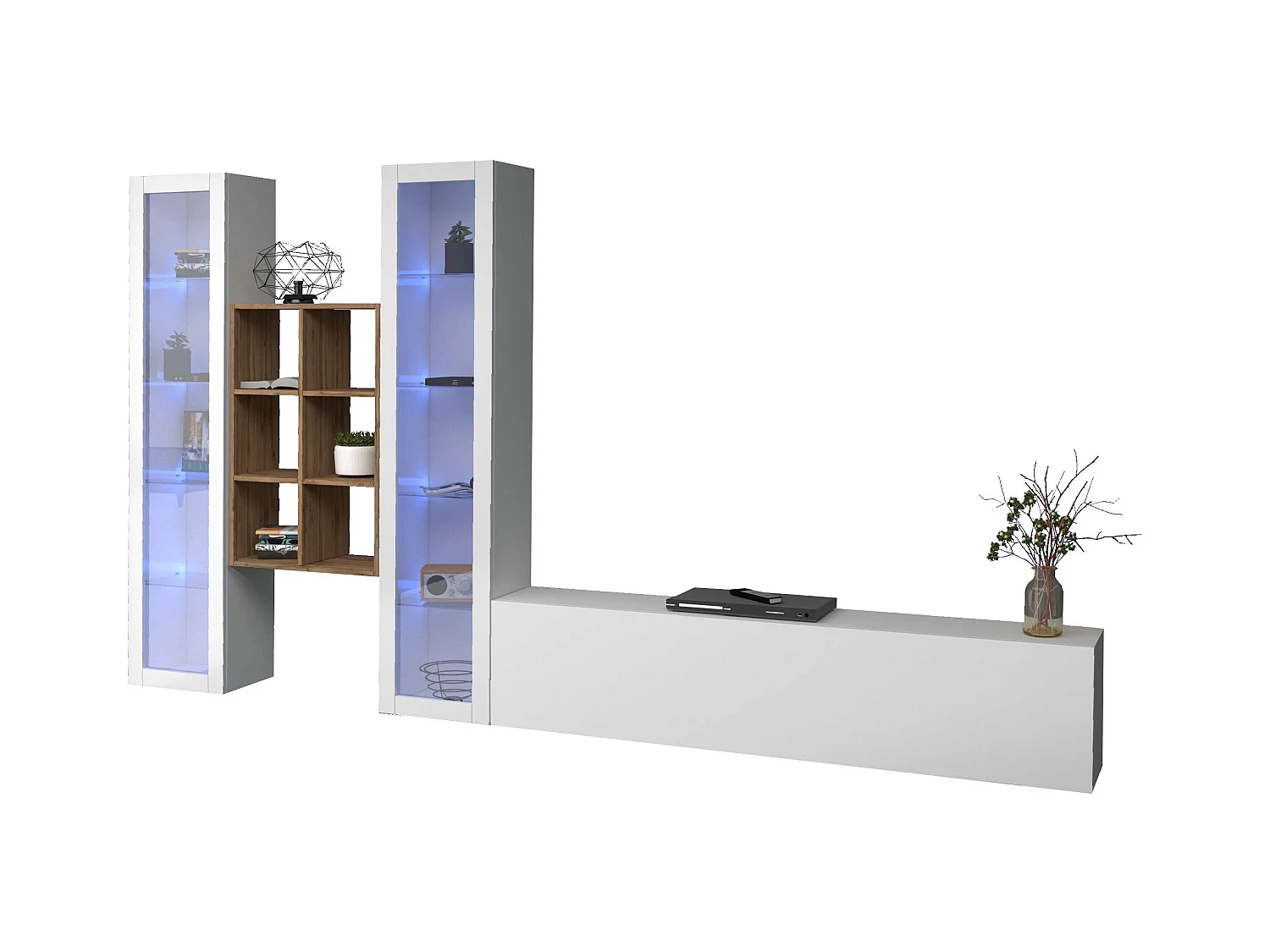 Parete attrezzata mobile TV bianco sospeso 2 vetrine libreria Yves WH